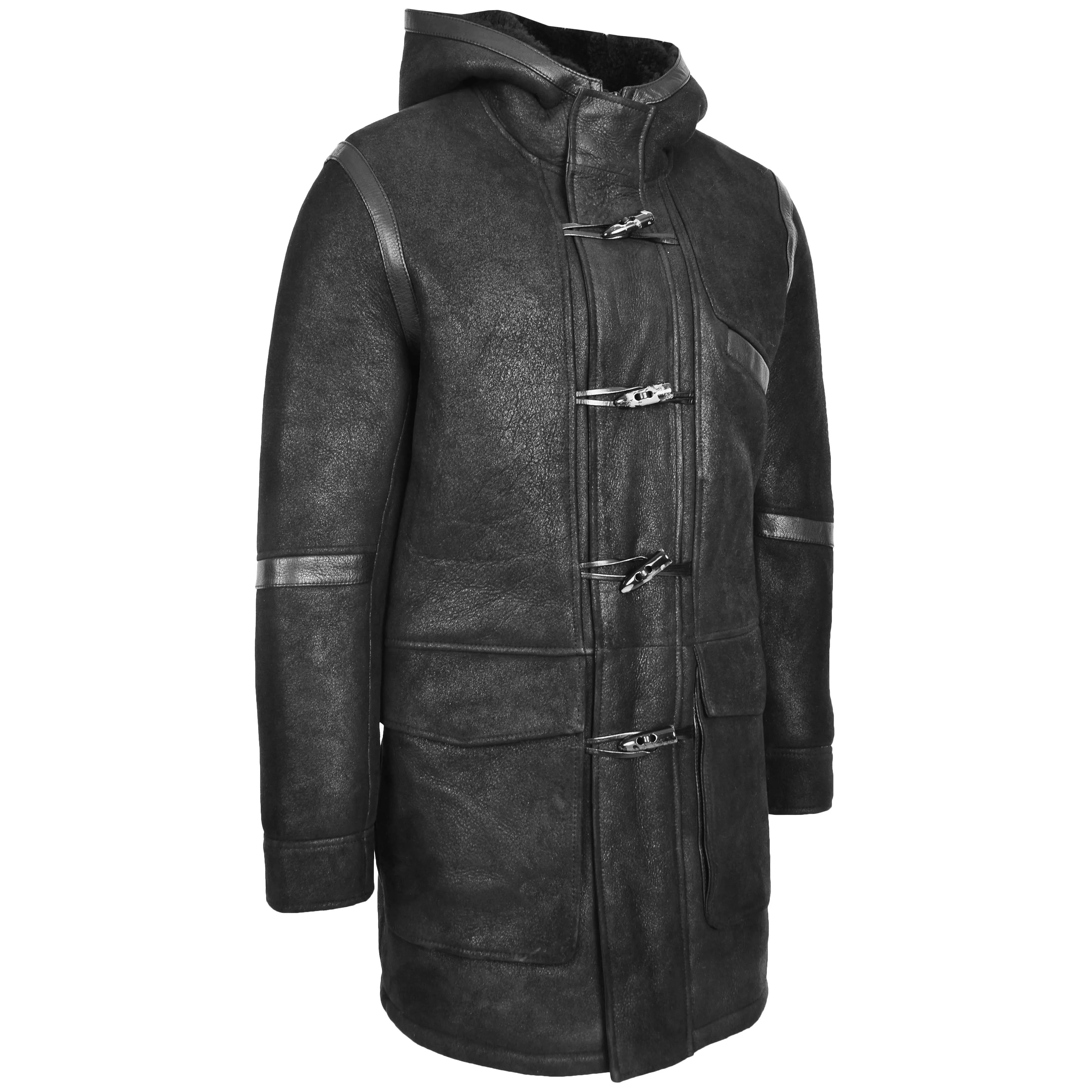 Mens Real Sheepskin Winter Duffle Coat Bain Black