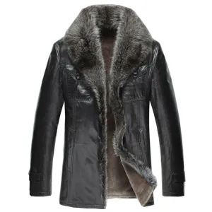 Men's Shearling Fur Lined Coat with Raccoon Fur Trim