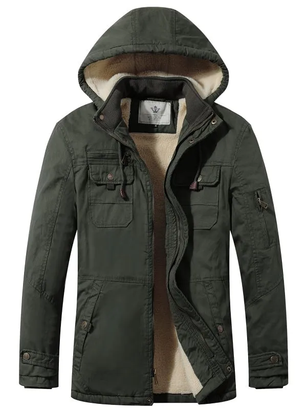 Men's Winter Sherpa Parka Mid Length Thicken Military Style Warm Jacket with Removable Hood