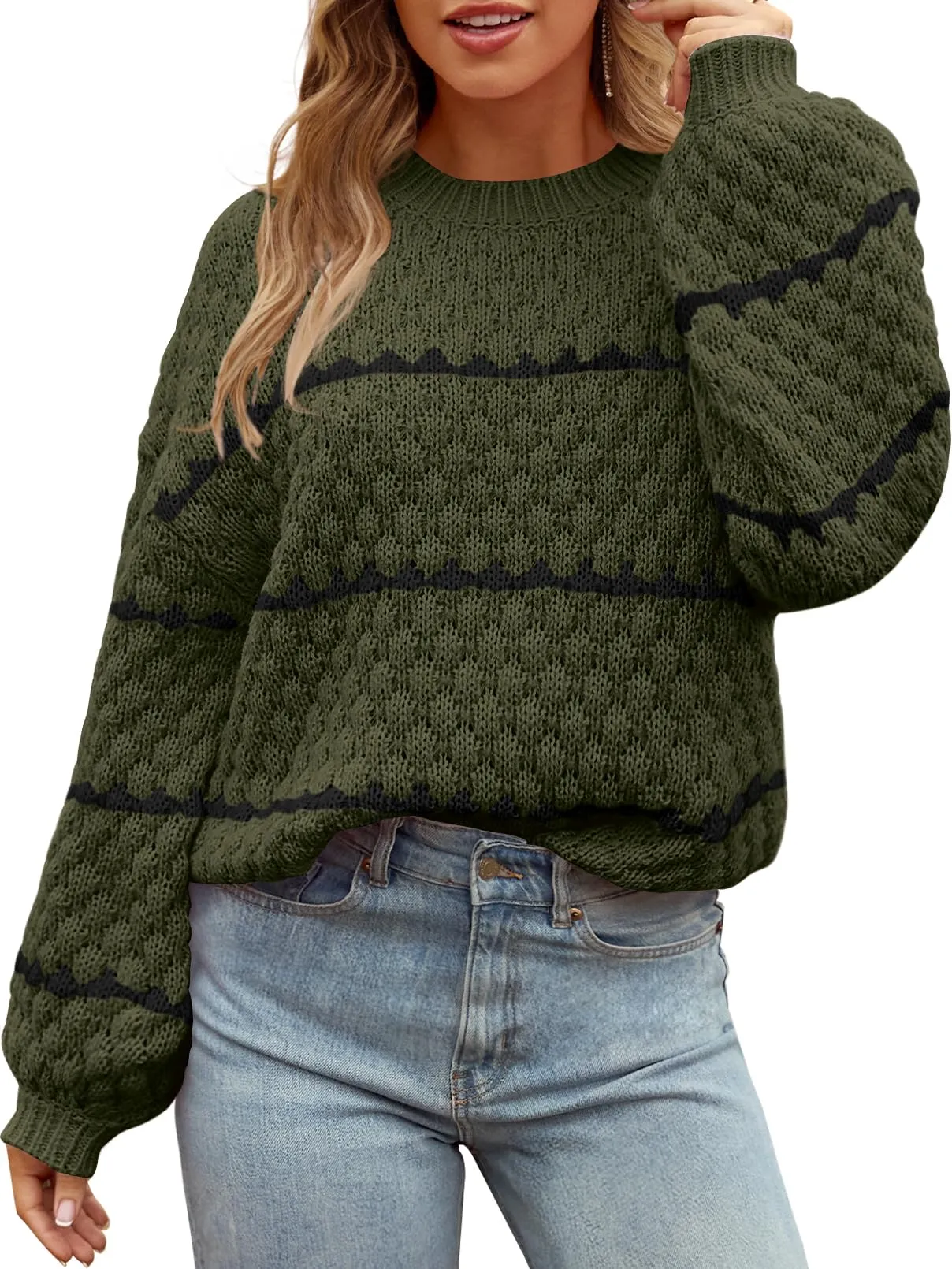 MEROKEETY Pullover Sweater Crew Neck Oversized Knit Jumper Tops