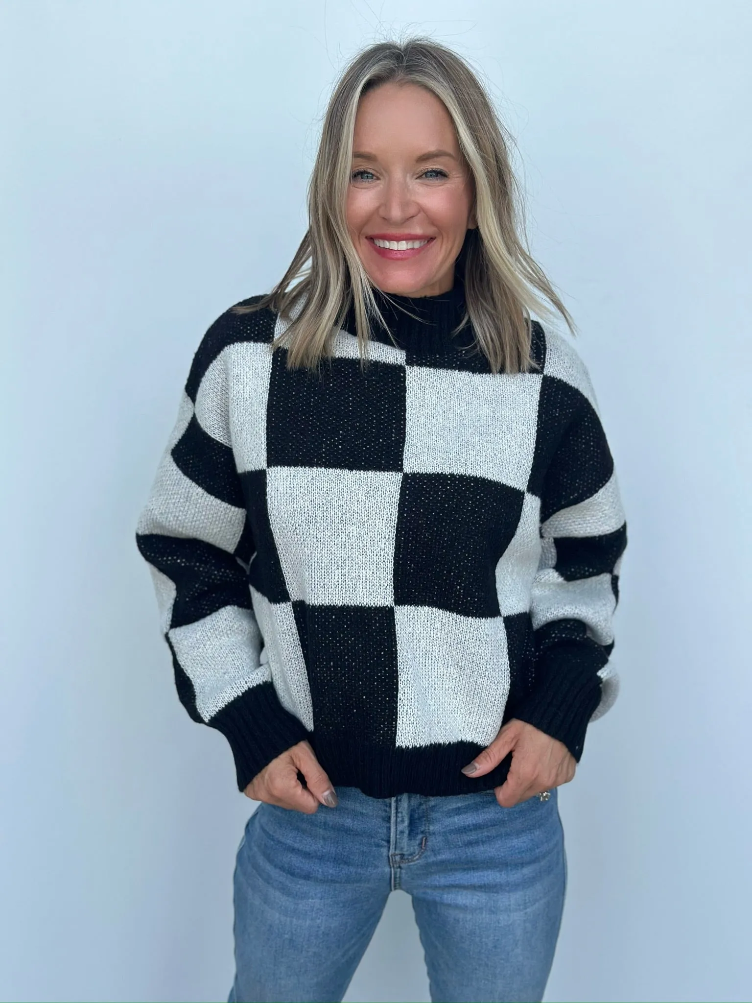 Mock Neck Checkered Sweater