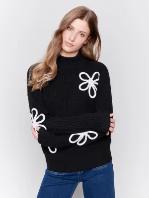 Mock Neck Floral Sweater - Black