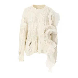 Oversized Ruffle Trim Distressed Detail Round Neck Fisherman Cable Knit Sweater