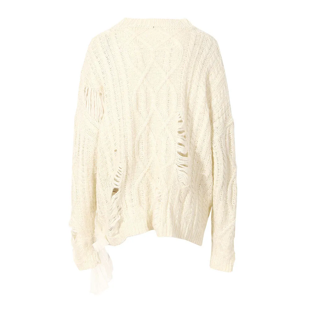 Oversized Ruffle Trim Distressed Detail Round Neck Fisherman Cable Knit Sweater