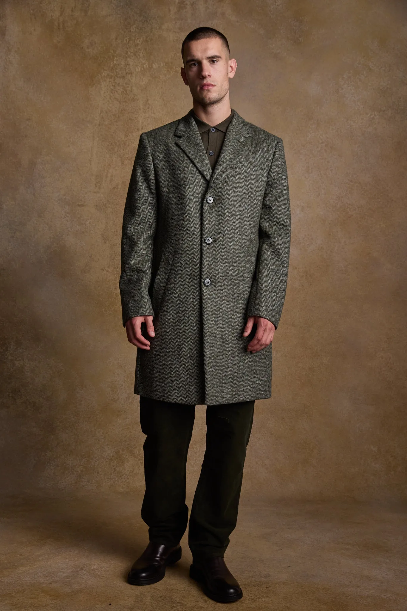 Owen Tweed Coat - Olive Wide Herringbone