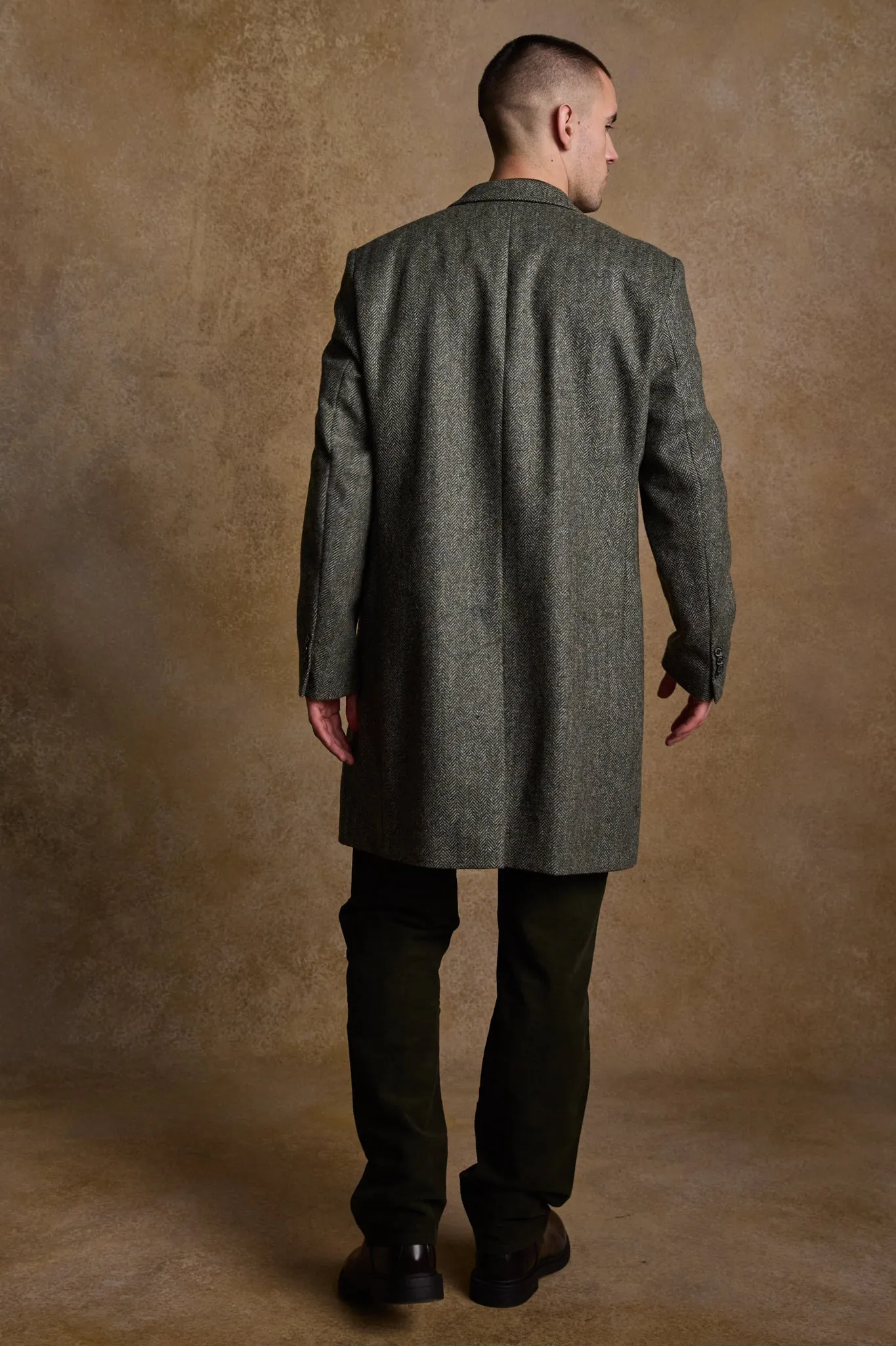 Owen Tweed Coat - Olive Wide Herringbone