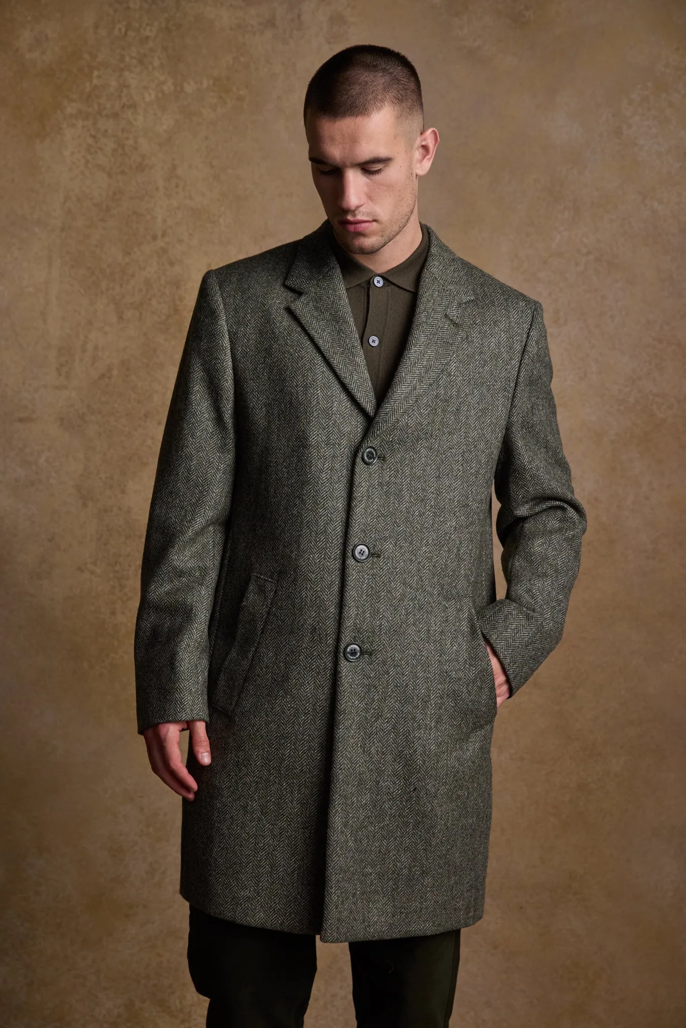 Owen Tweed Coat - Olive Wide Herringbone