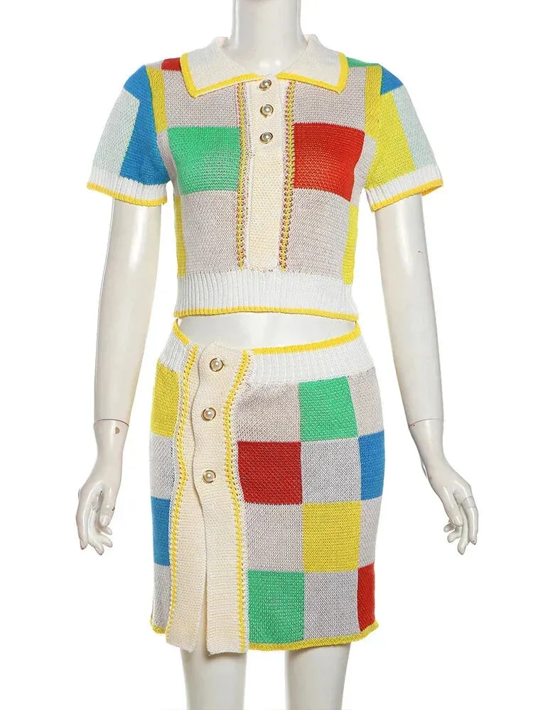 Patchwork Polo Set with Skirt for Artistic Souls Knit Outfit