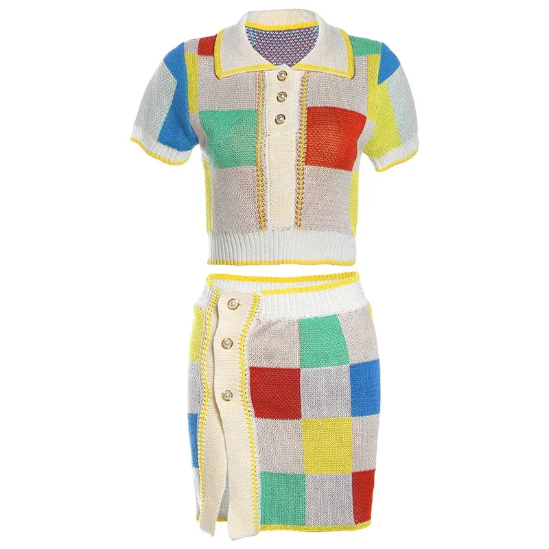 Patchwork Polo Set with Skirt for Artistic Souls Knit Outfit