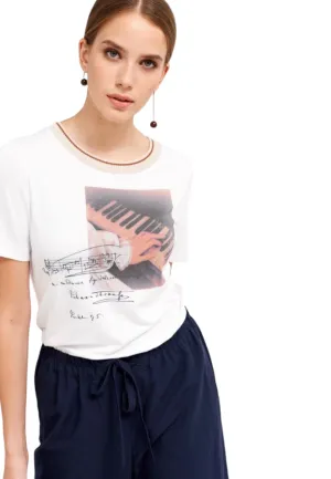 Piano Print Knitted Neck T-Shirt