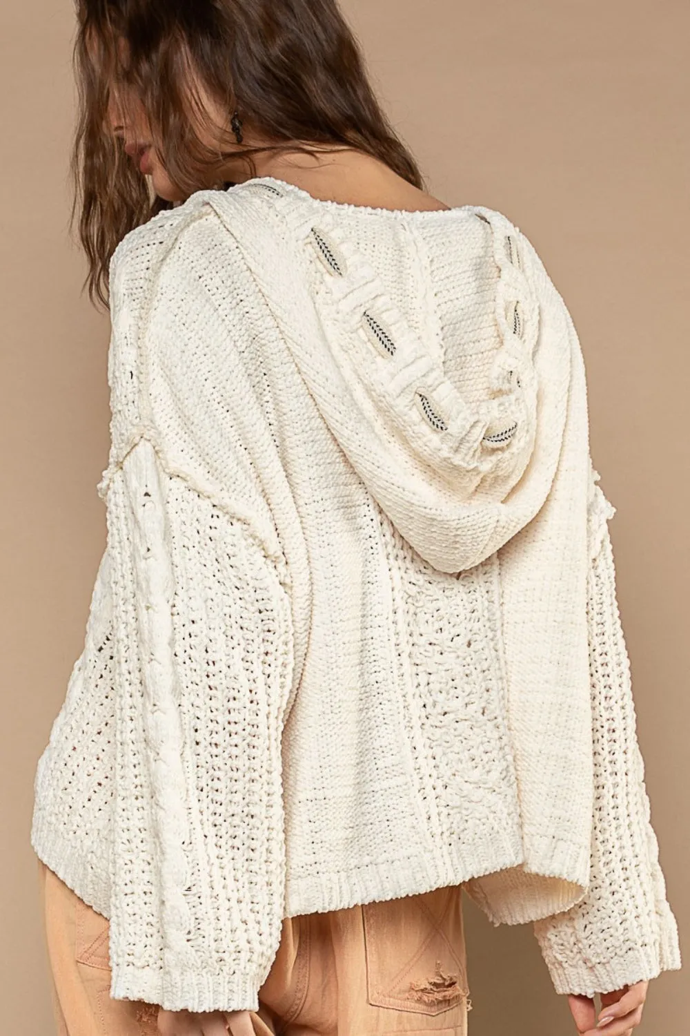 POL Cream Cable Knit Hooded Chenille Sweater