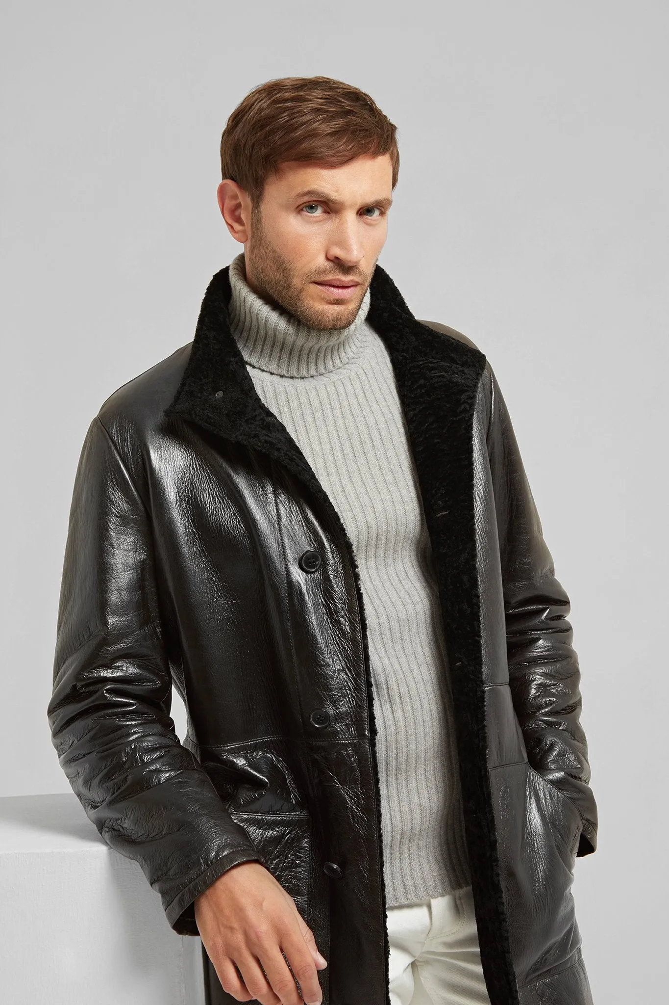 Polished Leather and Shearling Coat