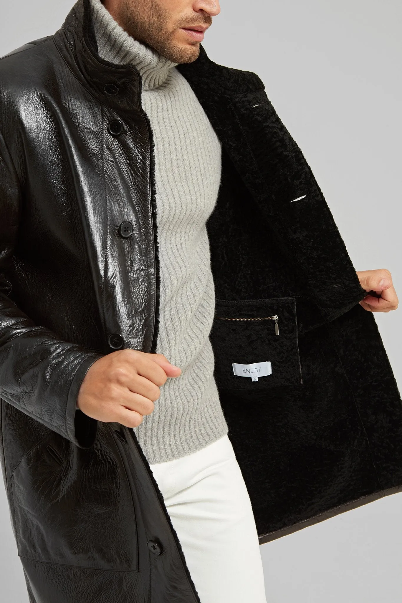 Polished Leather and Shearling Coat