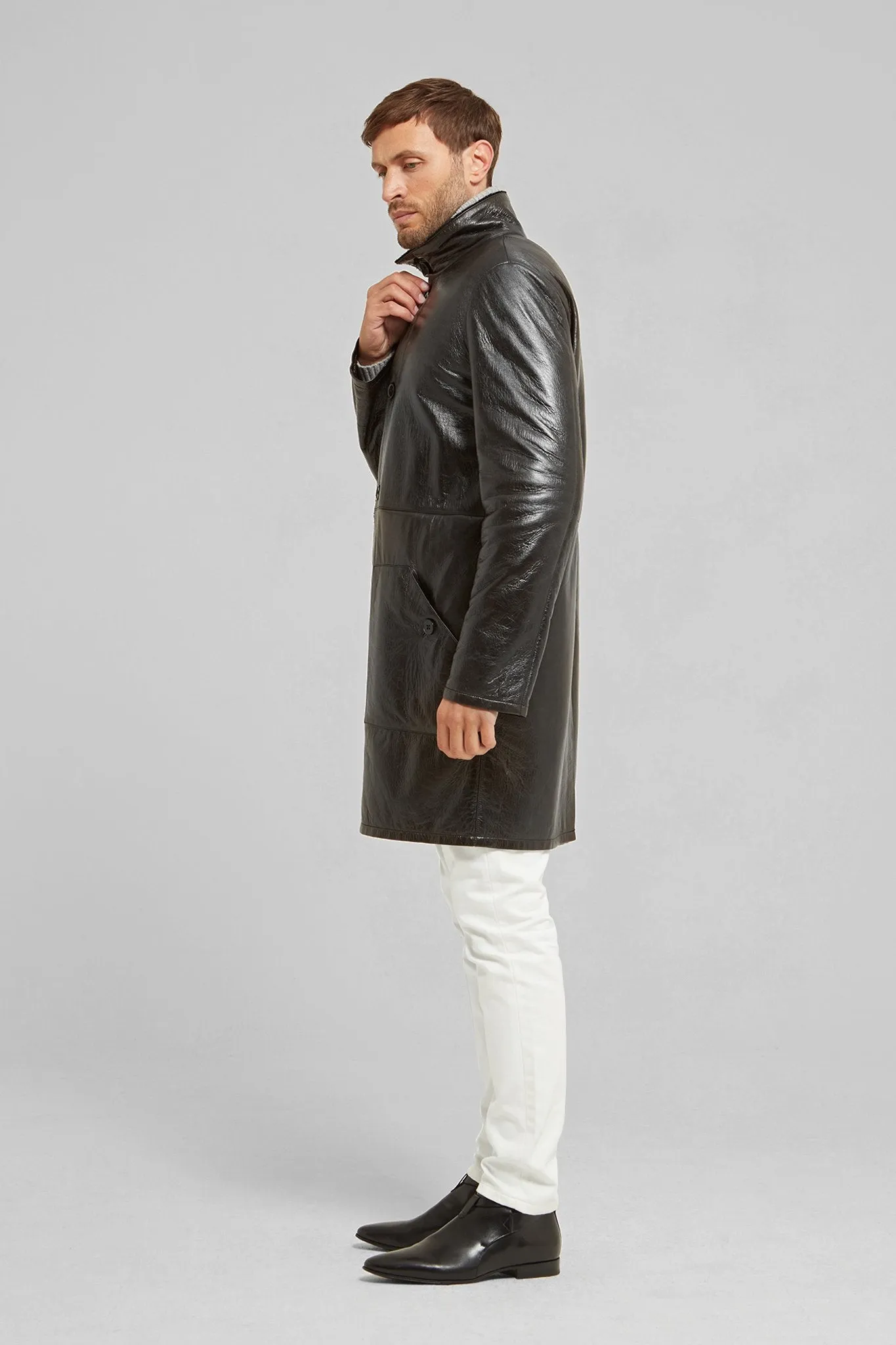 Polished Leather and Shearling Coat