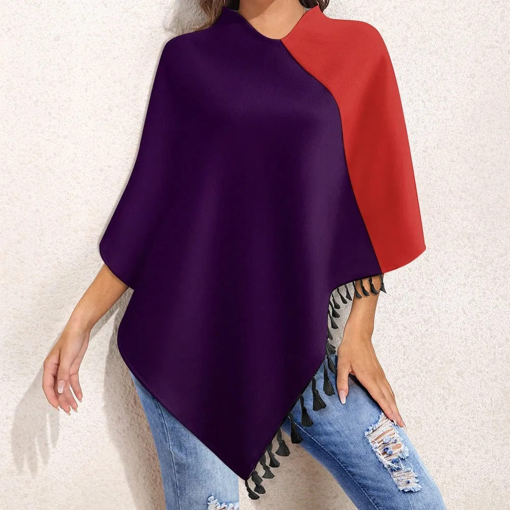 Red and Purple Knitted Cape with Fringed Edge