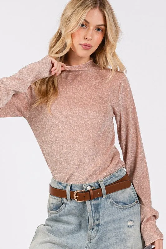 SAGE   FIG Glitter Mock Neck Lettuce Hem Long Sleeve Top