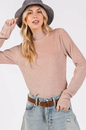 SAGE   FIG Glitter Mock Neck Lettuce Hem Long Sleeve Top