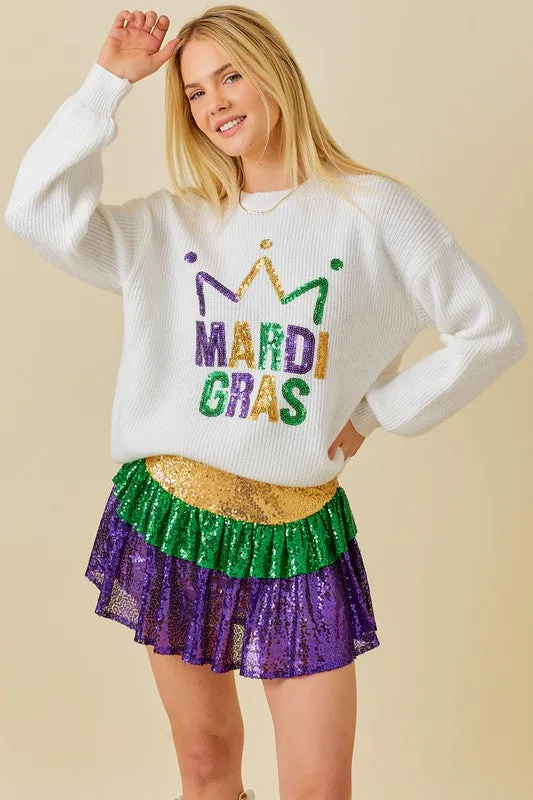 Sequin Crown Mardi Gras Sweater