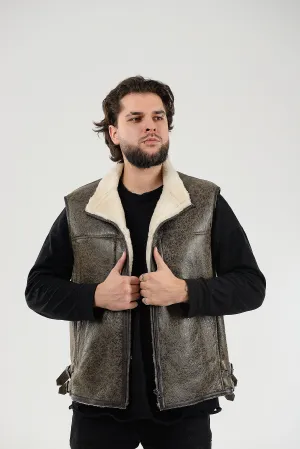 Sheepskin Shearling Vest with Special Spray Coating with Front-Zip Pocket