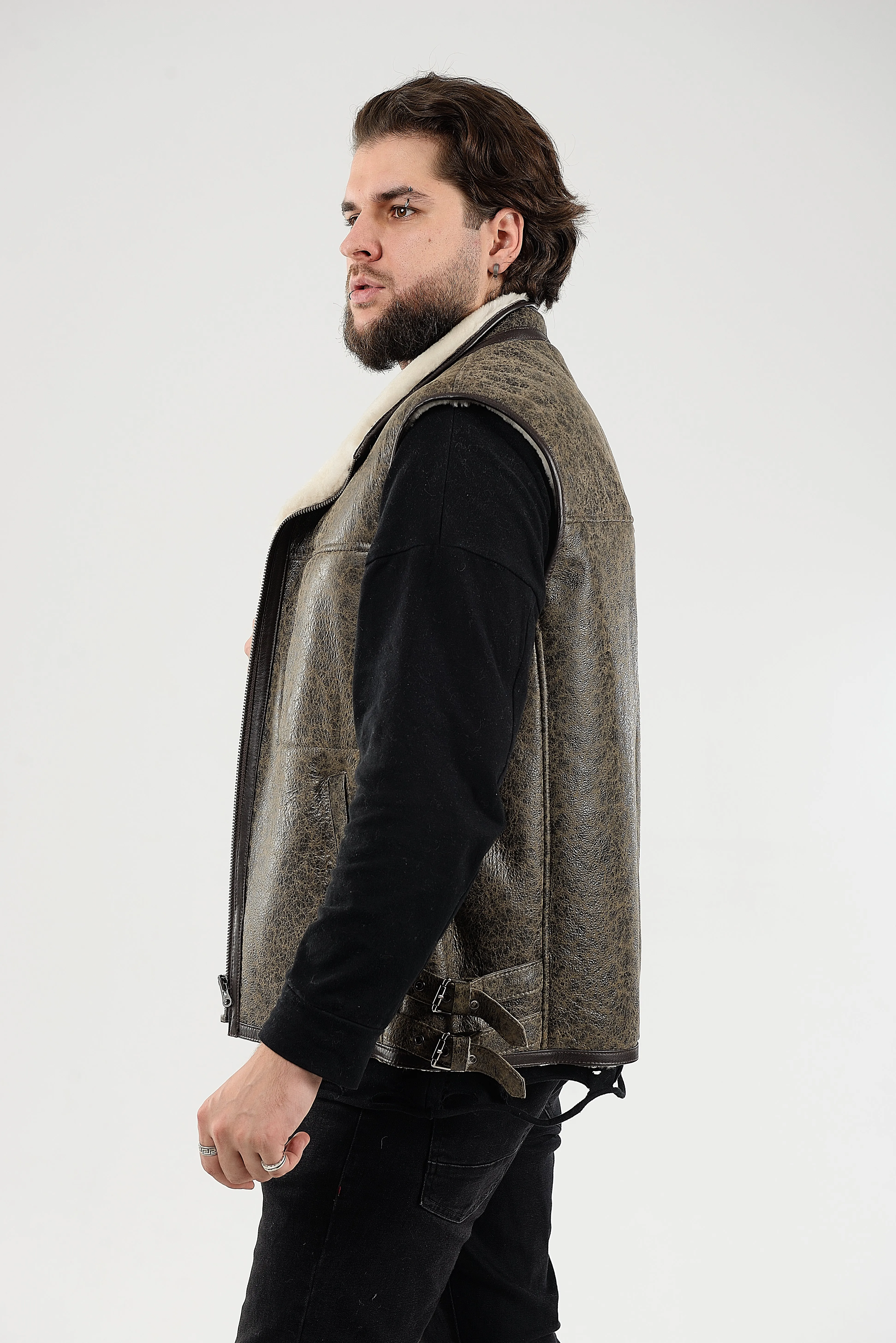 Sheepskin Shearling Vest with Special Spray Coating with Front-Zip Pocket