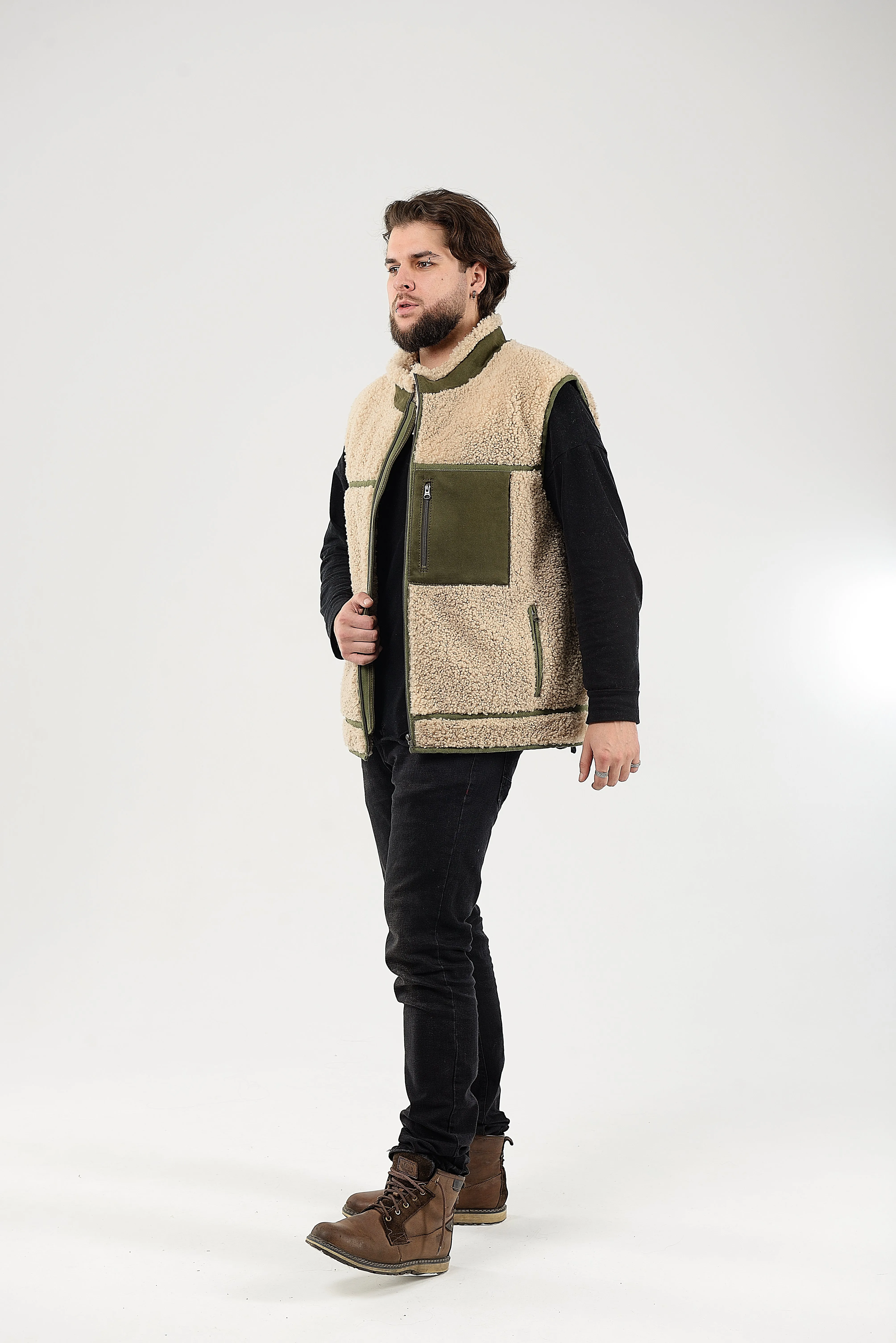 Sheepskin Vest, Collar-Exposed Wool Seams,Beige-green Lightweight And Warm Sleeveless Jacket,Sustainable Clothing,Zipper Closure And Pockets