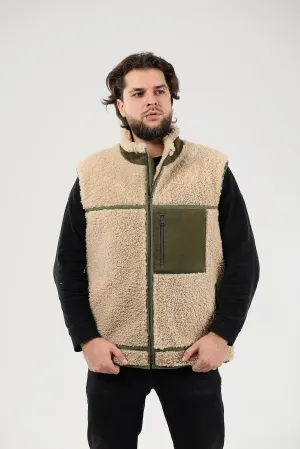 Sheepskin Vest, Collar-Exposed Wool Seams,Beige-green Lightweight And Warm Sleeveless Jacket,Sustainable Clothing,Zipper Closure And Pockets