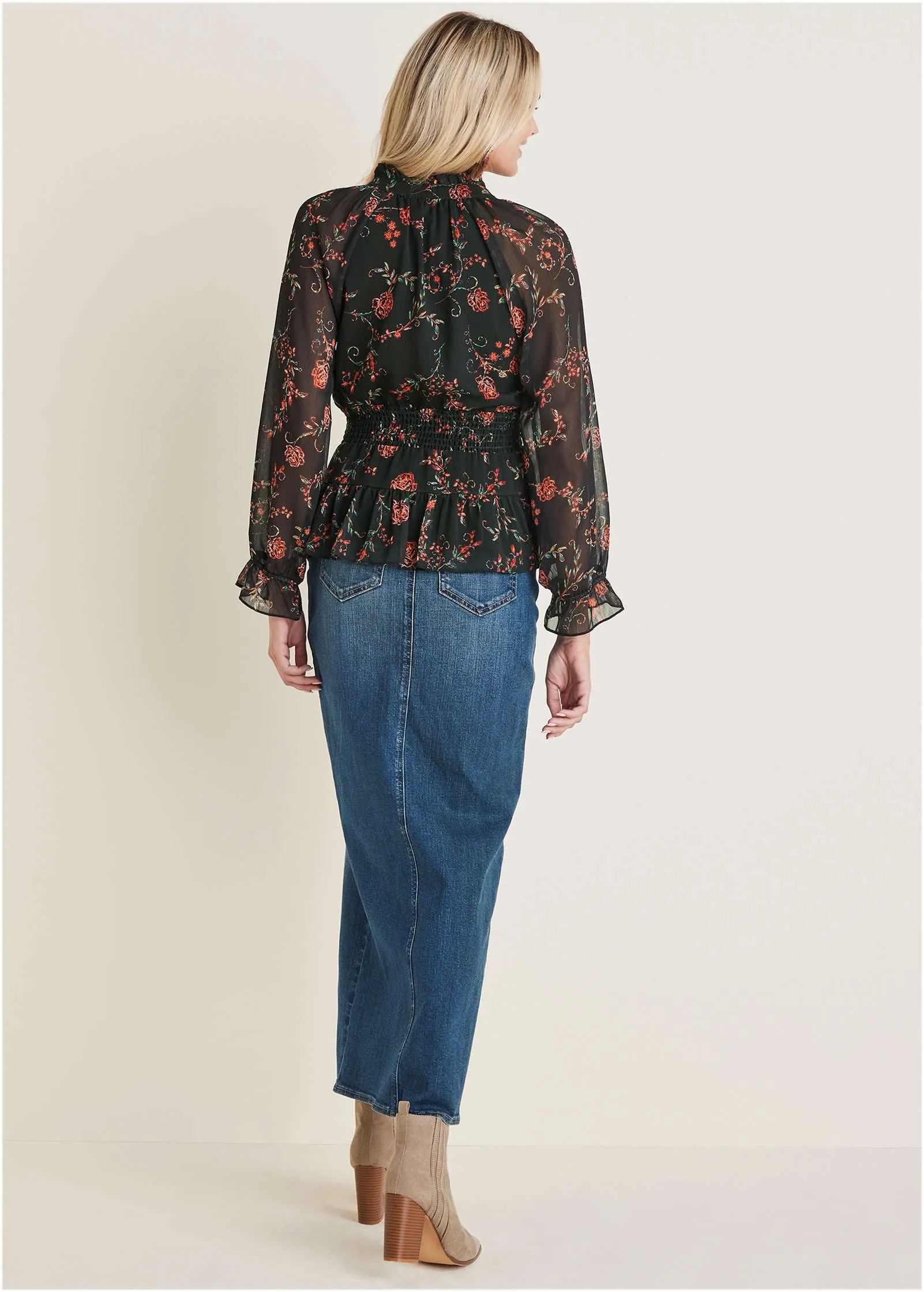 Sheer Printed Blouse - Gothic Roses