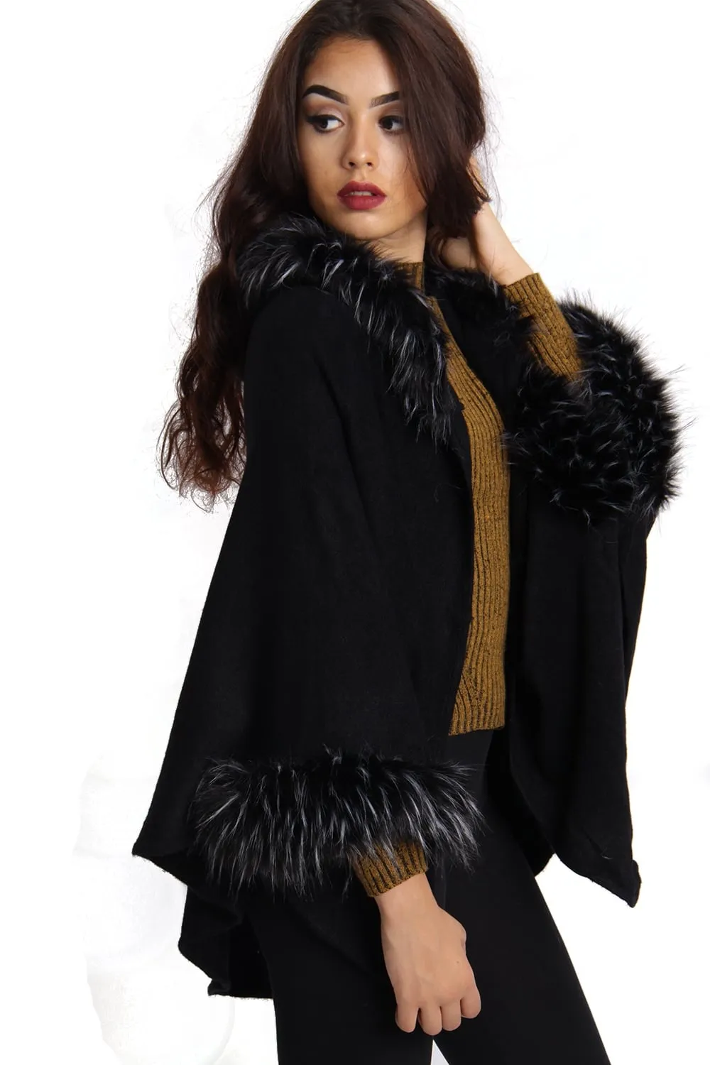 Short Faux Fur Cape With Sleeves