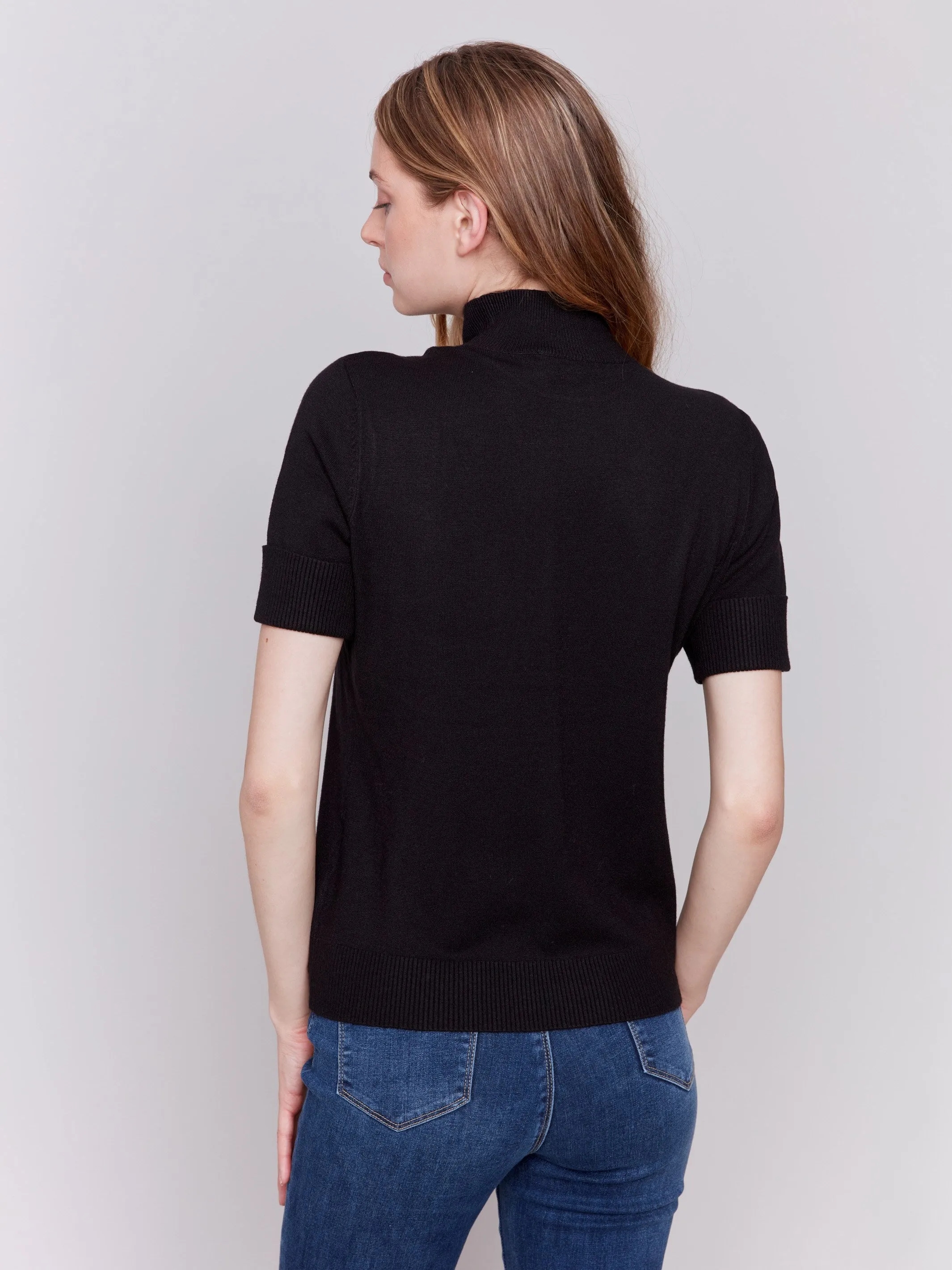 Short Sleeve Mock Neck Sweater - Black