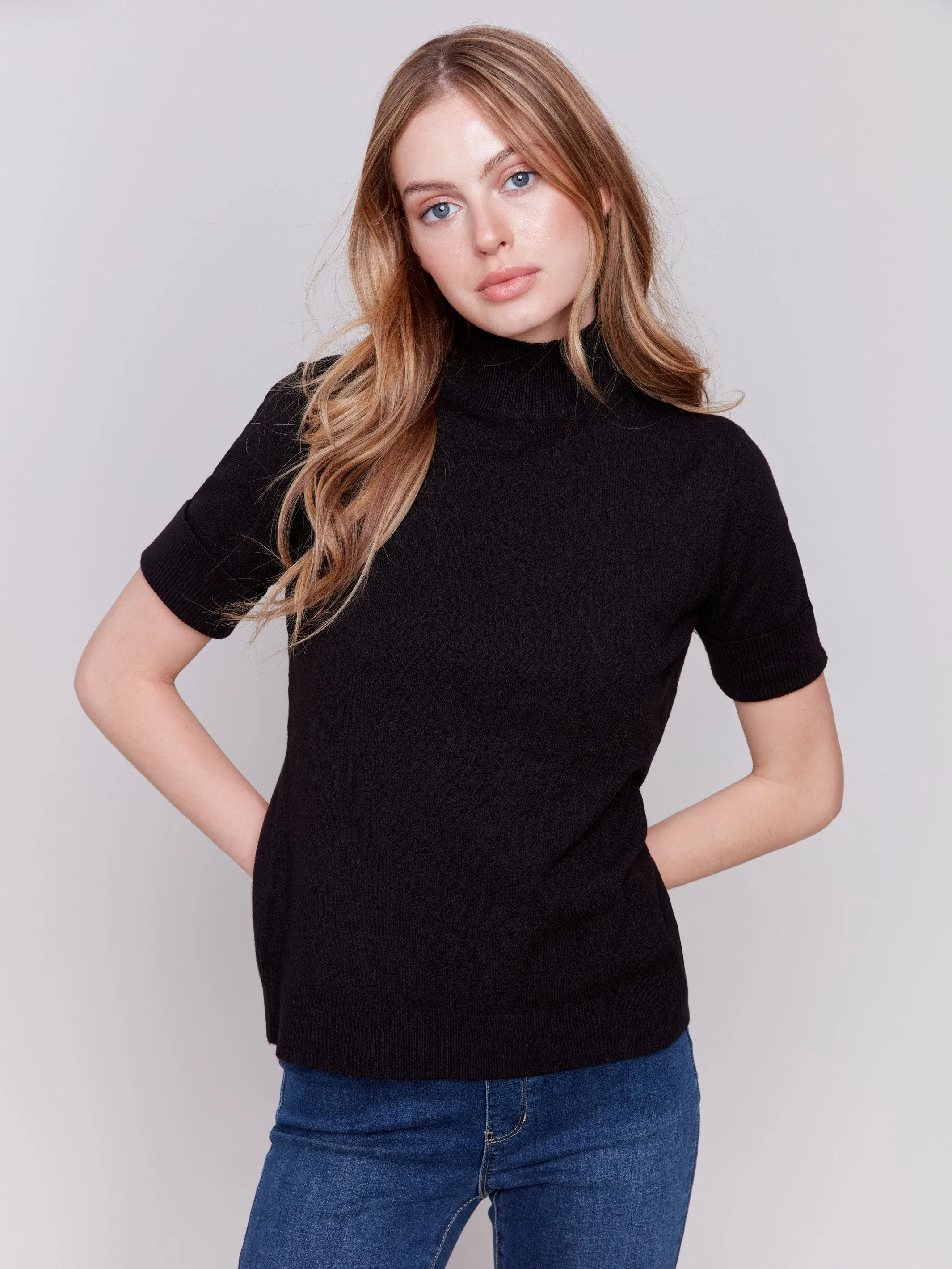 Short Sleeve Mock Neck Sweater - Black