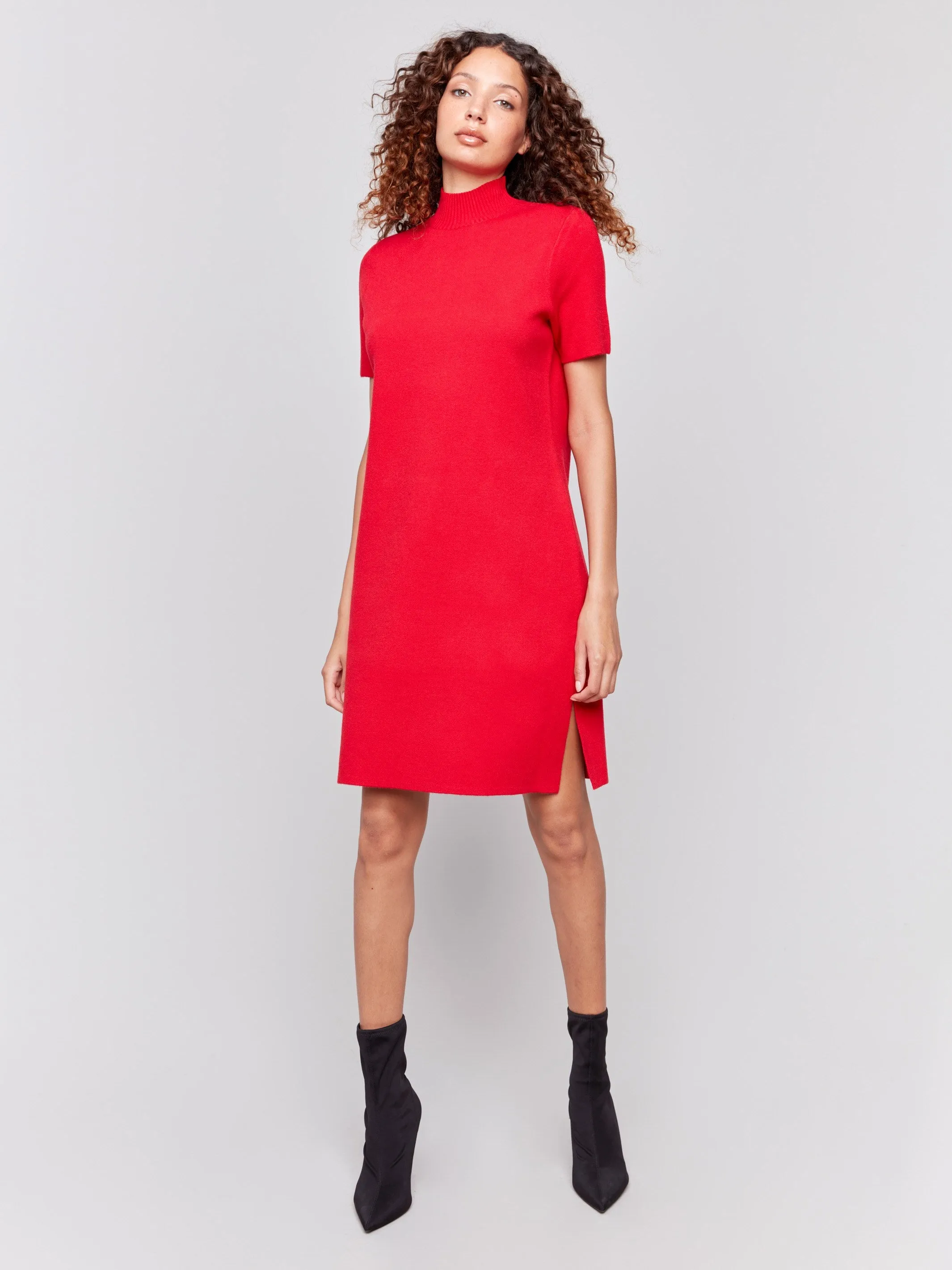 Short-Sleeve Mock Neck Sweater Dress - Cranberry