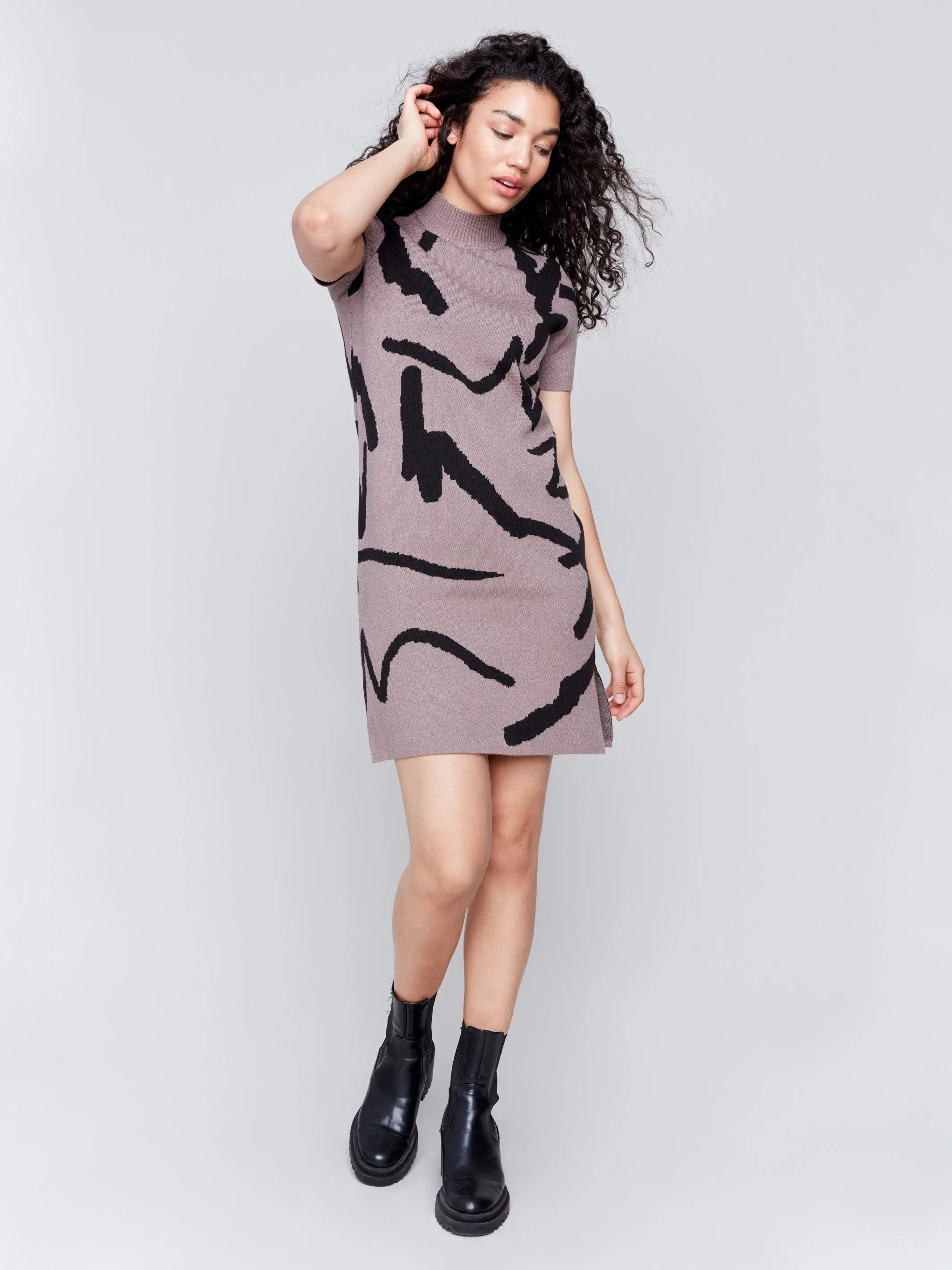 Short-Sleeve Mock Neck Sweater Dress - Scribble