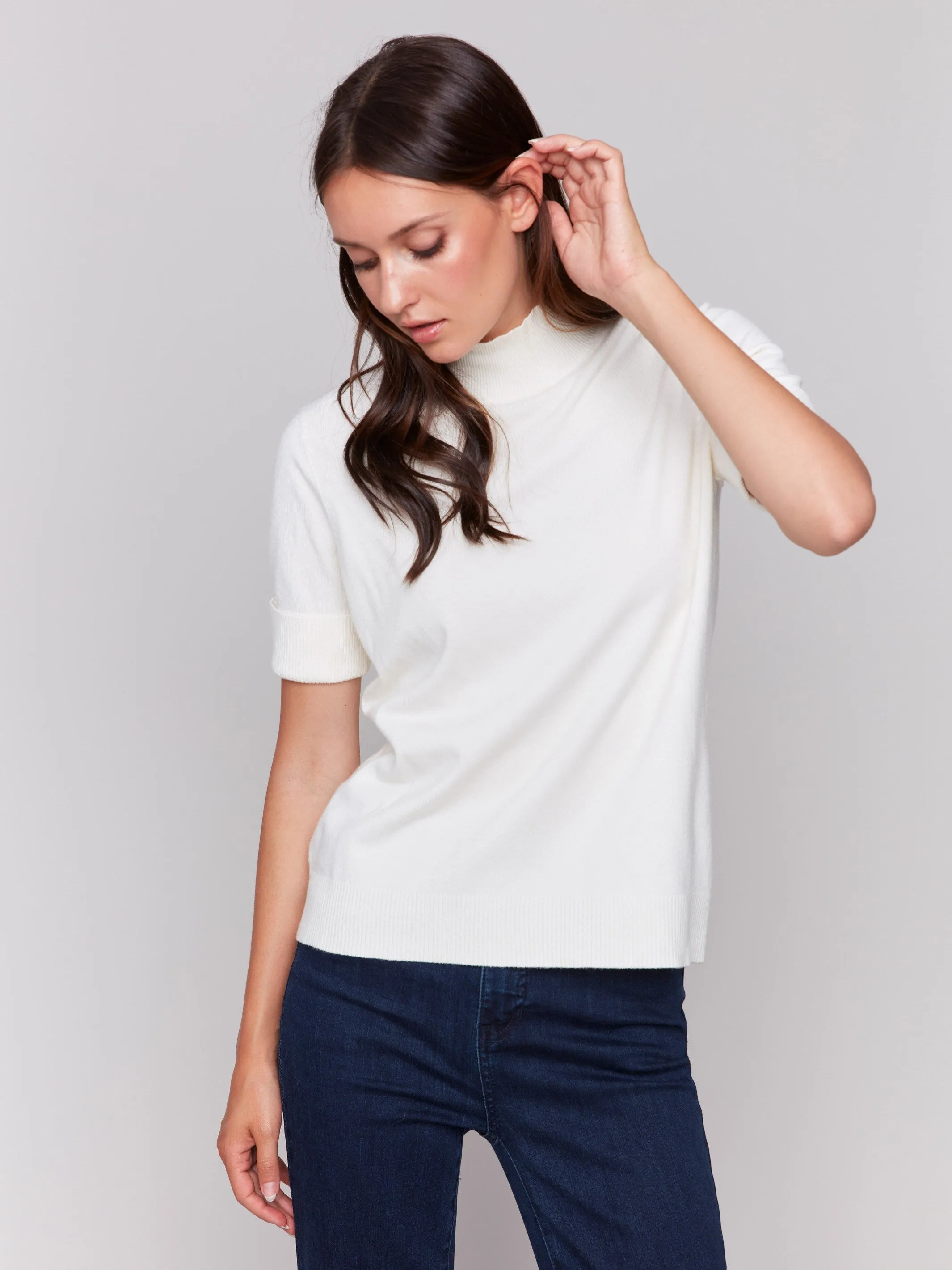 Short Sleeve Mock Neck Sweater - Ecru