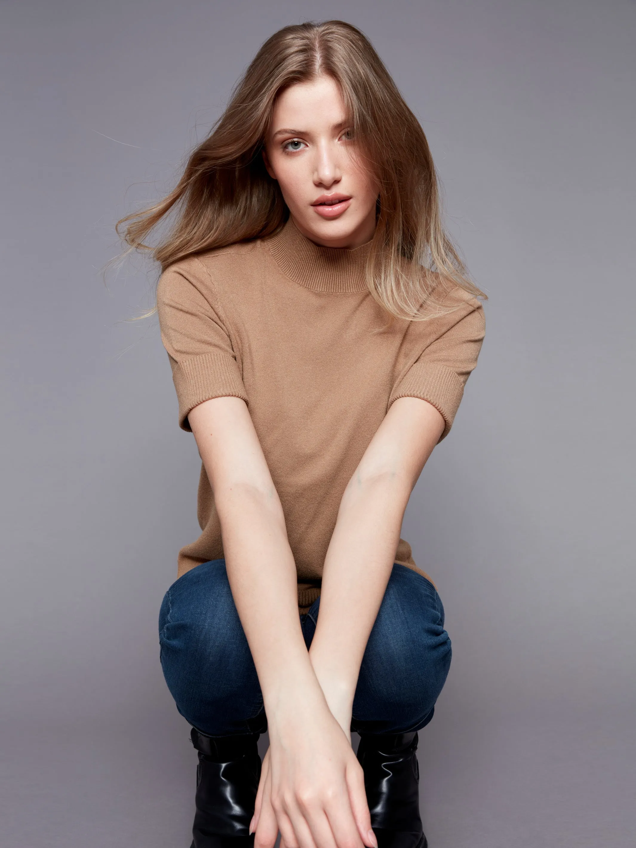 Short Sleeve Mock Neck Sweater - Truffle