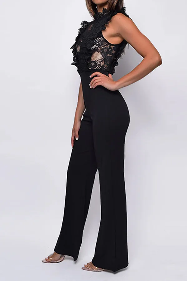 Stylish Mock Neck Lace Ruched Jumpsuit