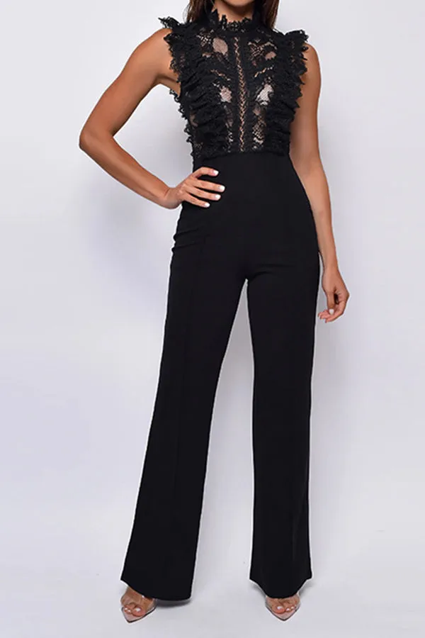 Stylish Mock Neck Lace Ruched Jumpsuit