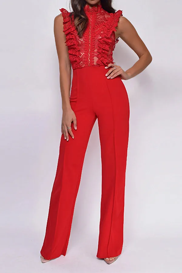 Stylish Mock Neck Lace Ruched Jumpsuit