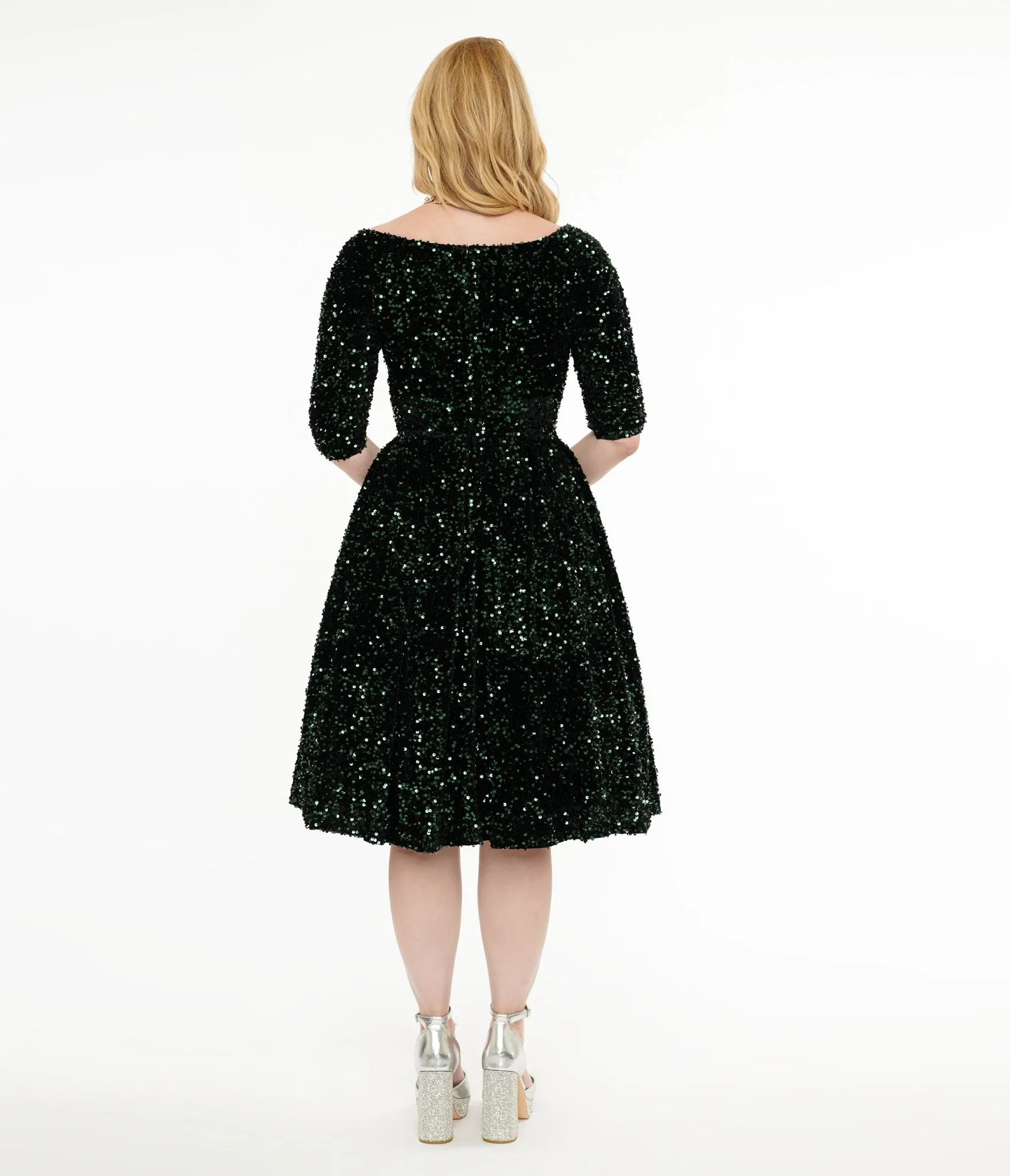 Unique Vintage 1950s Green Velvet Sequin Marceline Swing Dress