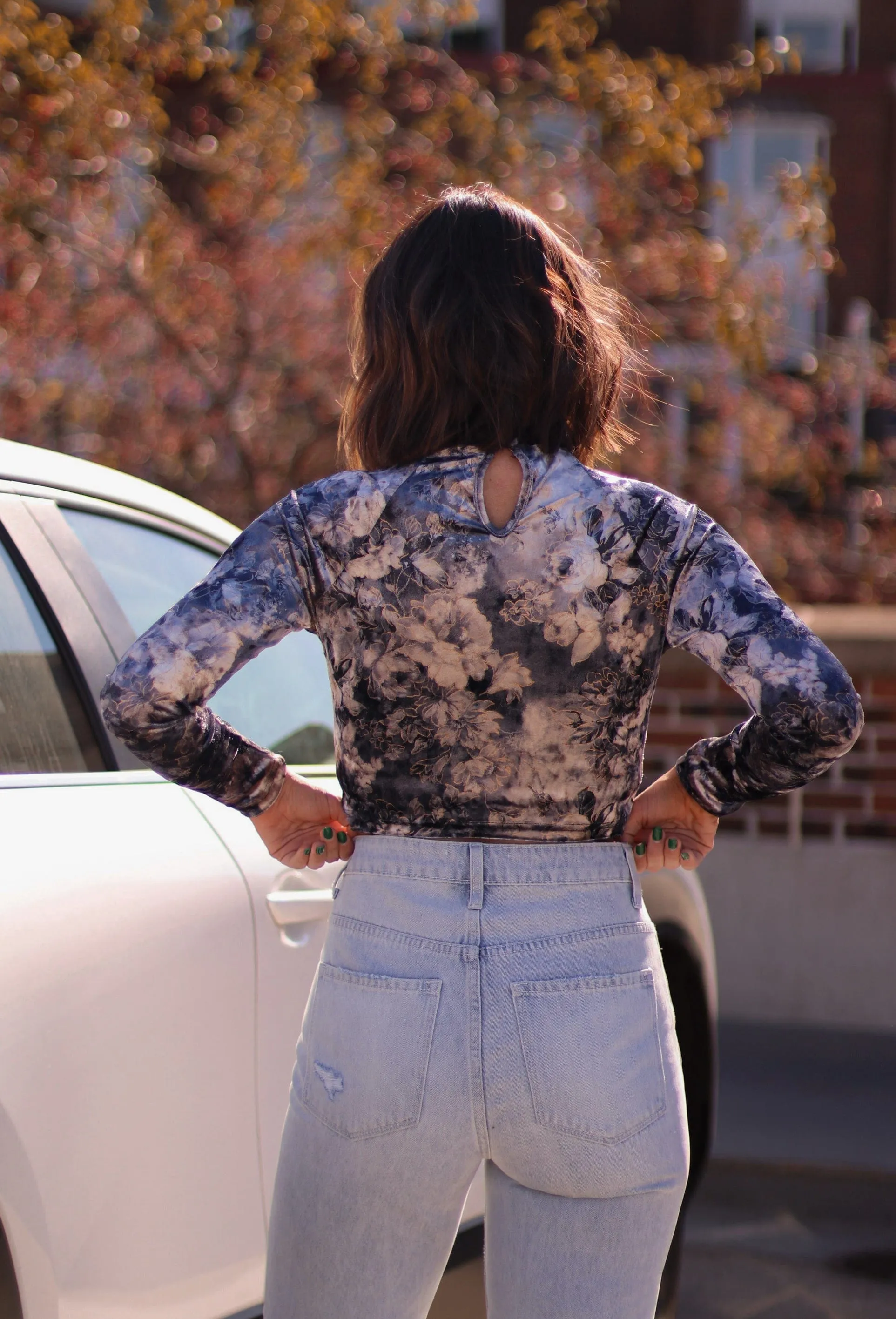 Velvet Floral Mock Neck Top