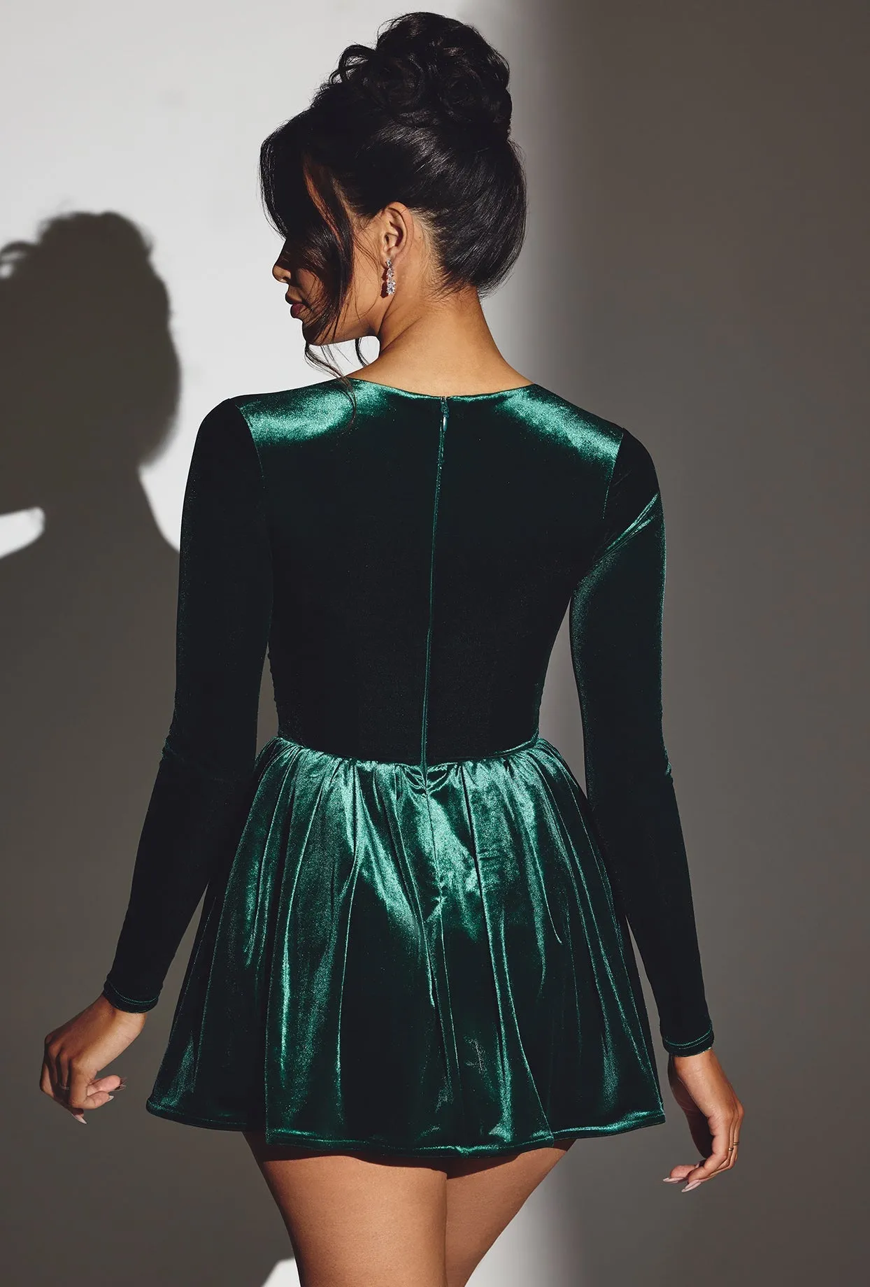 Velvet Long Sleeve Corset Mini Dress in Emerald Green