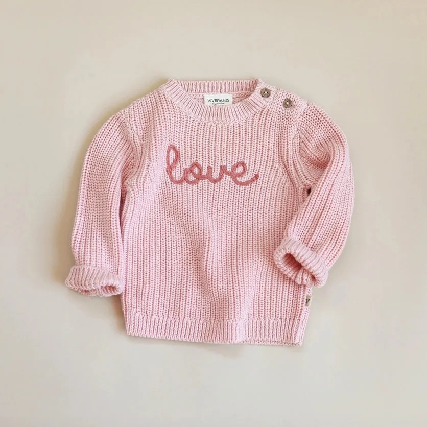 Viverano Organics Love Embroidered Chunky Knit Pullover Sweater