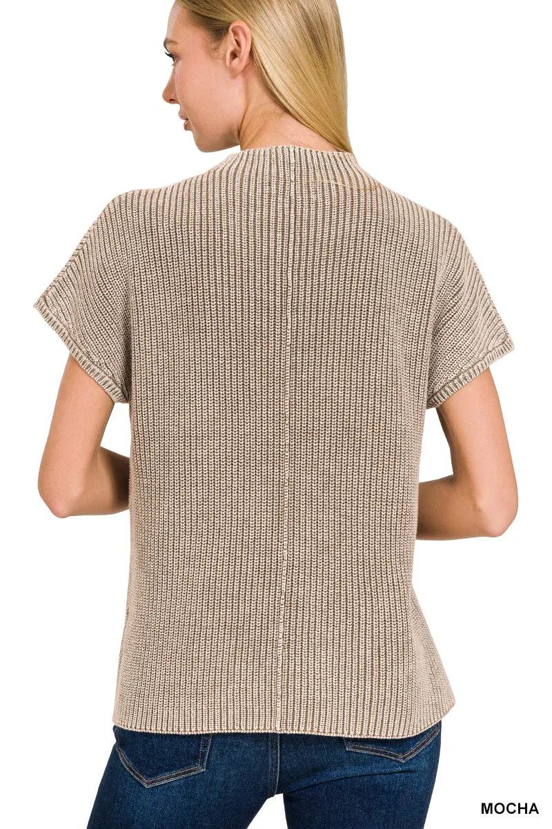 Washed Mock Neck Short Sleeve Sweater