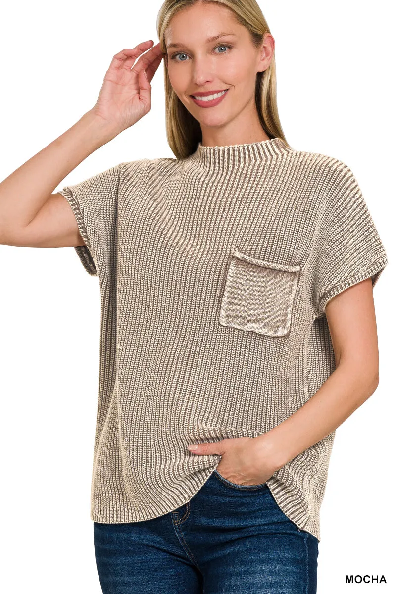 Washed Mock Neck Short Sleeve Sweater