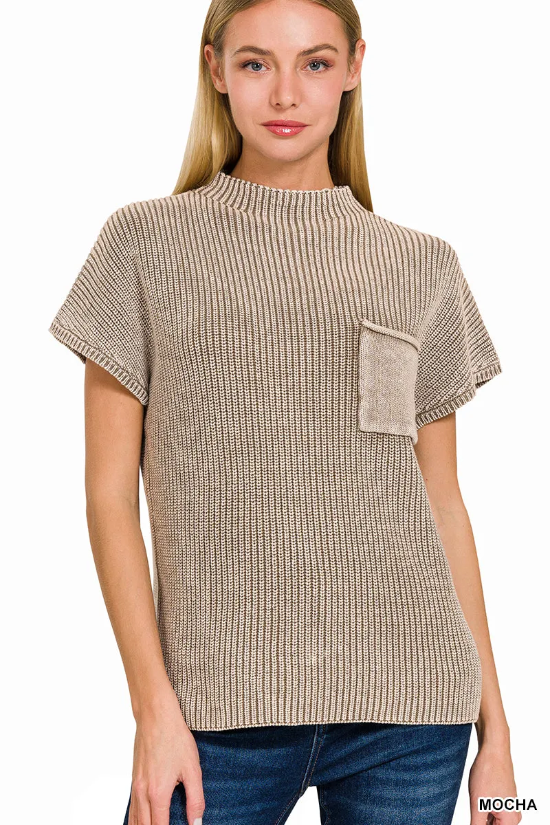 Washed Mock Neck Short Sleeve Sweater