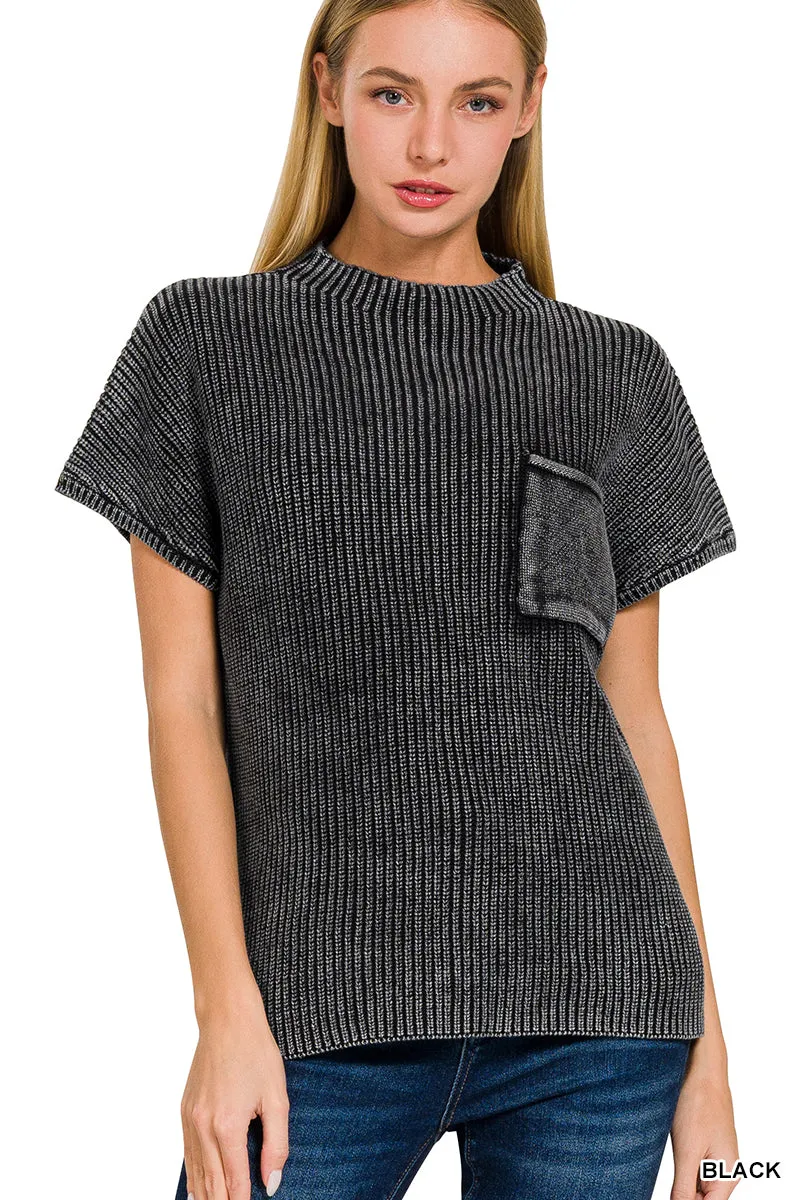 Washed Mock Neck Short Sleeve Sweater