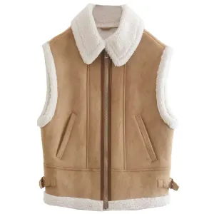 Women B3 Tan Brown Bomber Shearling Leather Vest