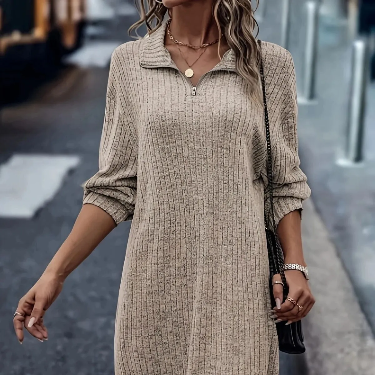 Women's Fashionable Knitted Zipper Pullover Dress