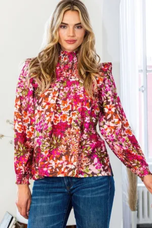 Women's Floral mock neck smocked yoke blouse