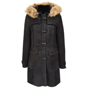 Womens Genuine Sheepskin Duffle Coat Hooded Shearling Jacket Evie Brown