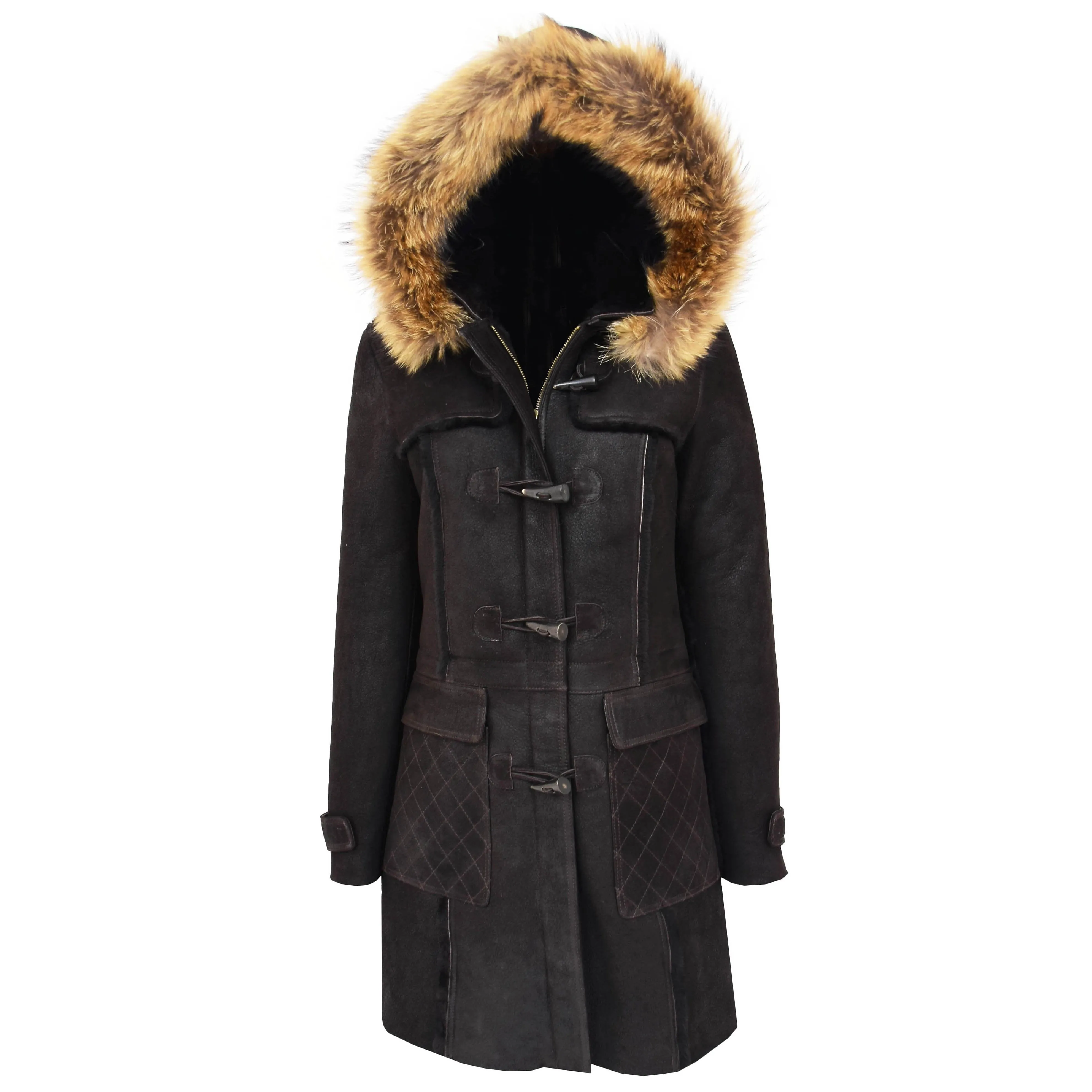 Womens Genuine Sheepskin Duffle Coat Hooded Shearling Jacket Evie Brown